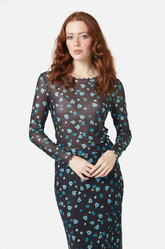 Image of a model wearing Tops. Productname: Petal Mesh Top in Black colour by brand - Princess Highway