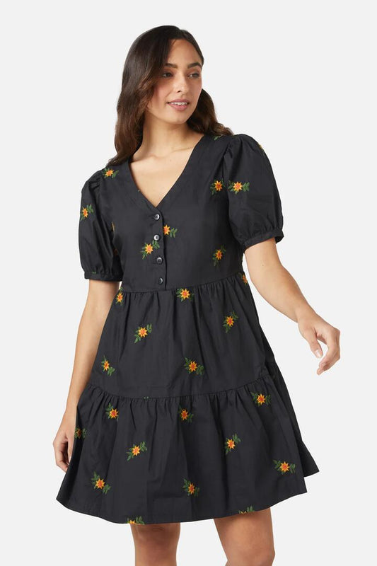 Image of a model wearing Dress. Productname: Fleur Embroidered Dress in Black colour by brand - Princess Highway