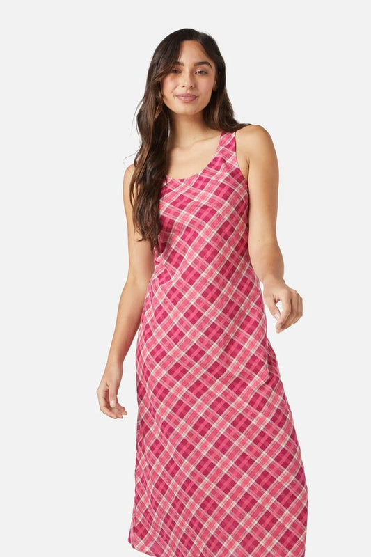 Image of a model wearing Dress. Productname: Miranda Check Midi Dress in Pink colour by brand - Princess Highway