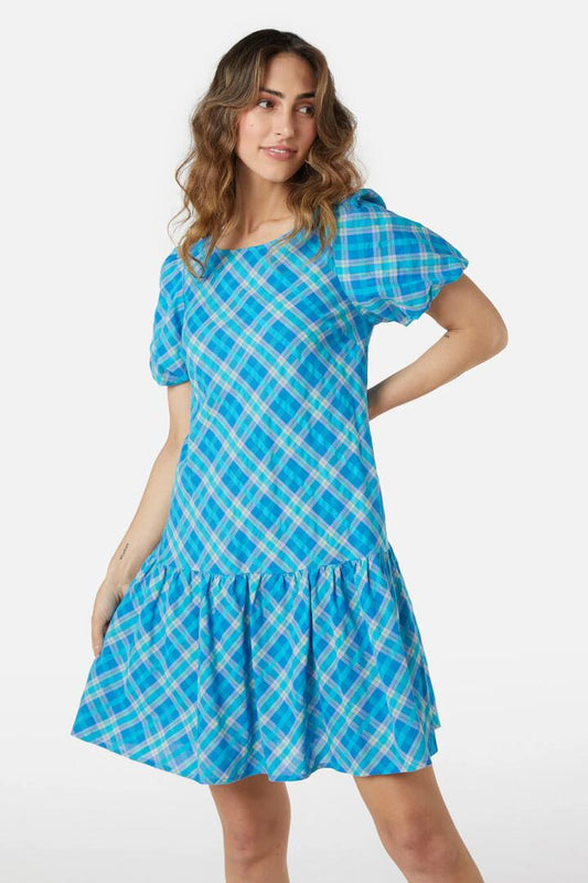 Image of a model wearing Dress. Productname: Miranda Check Mini Dress in Aqua colour by brand - Princess Highway