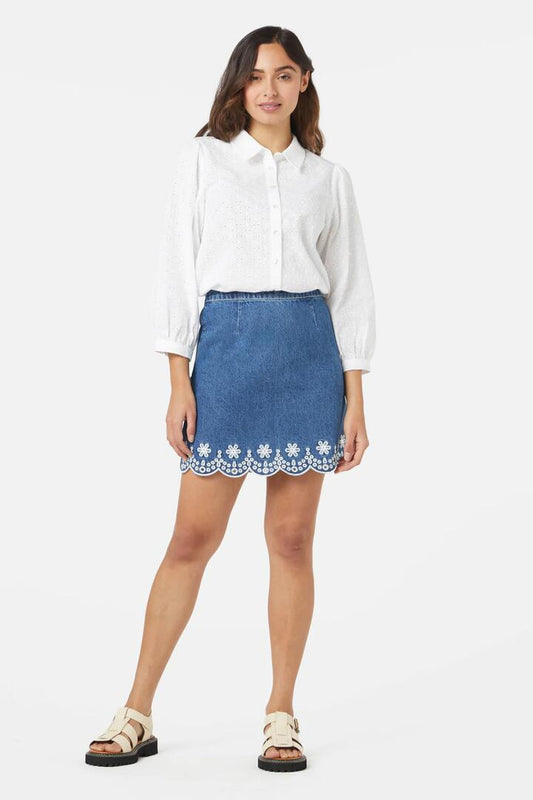 Image of a model wearing Skirts. Productname: Suzie Scallop Skirt in Mid Denim colour by brand - Princess Highway