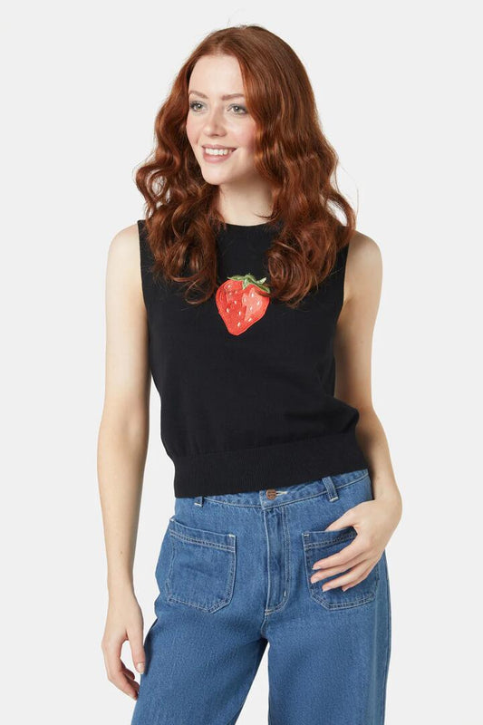 Image of a model wearing Tops. Productname: Strawberry Emb Vest in Black colour by brand - Princess Highway