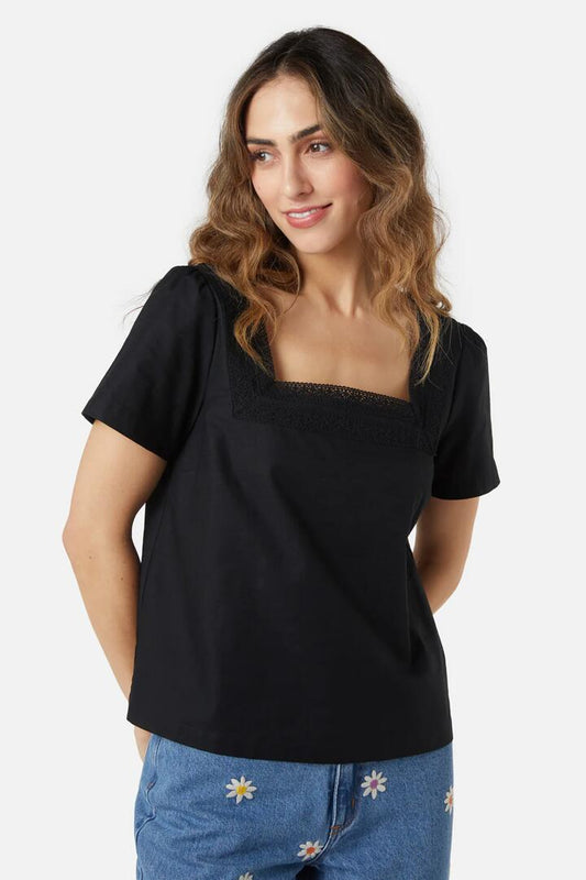 Image of a model wearing Tops. Productname: Rose Lace Top in Black colour by brand - Princess Highway