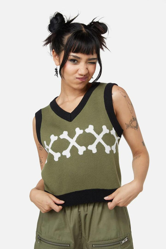 Image of a model wearing Tops. Productname: Early Jurrassic Knit Vest in Olive colour by brand - Dangerfield