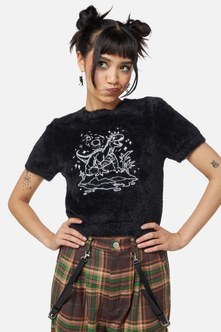 Image of a model wearing Tops. Product name - Triassic Embroidery Fluffy Knit in Black colour by brand - Dangerfield