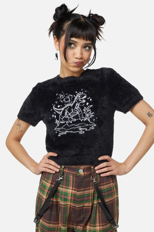 Image of a model wearing Tops. Product name - Triassic Embroidery Fluffy Knit in Black colour by brand - Dangerfield