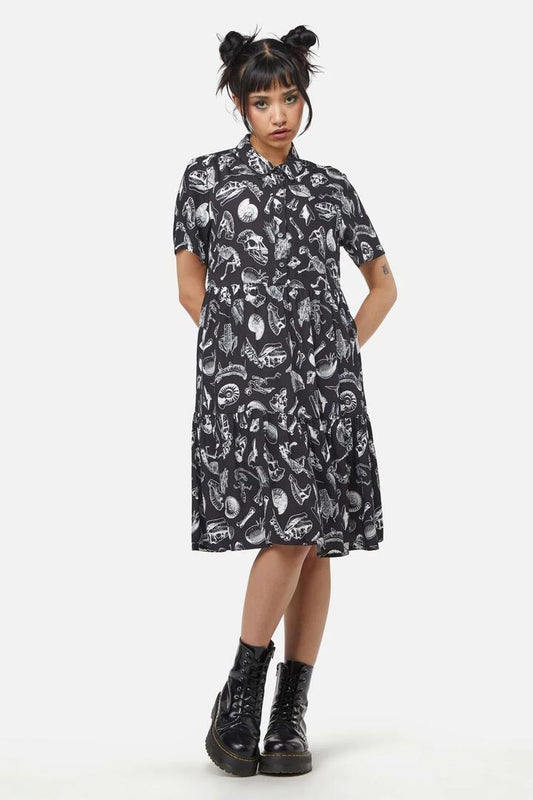 Image of a model wearing Dress. Productname: Body Fossils Printed Dress in Black colour by brand - Dangerfield