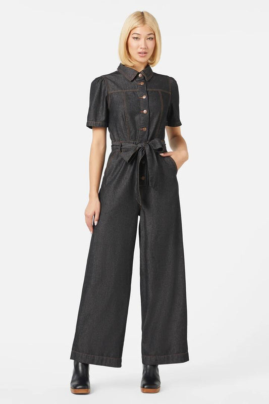 Image of a model wearing Outerwear. Productname: Tansy Jumpsuit in Black colour by brand - Princess Highway