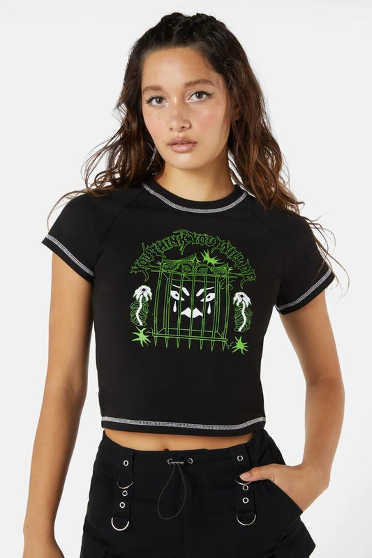 Image of a model wearing Tops. Productname: You Think You Will Die Raglan Tee in Black colour by brand - Dangerfield