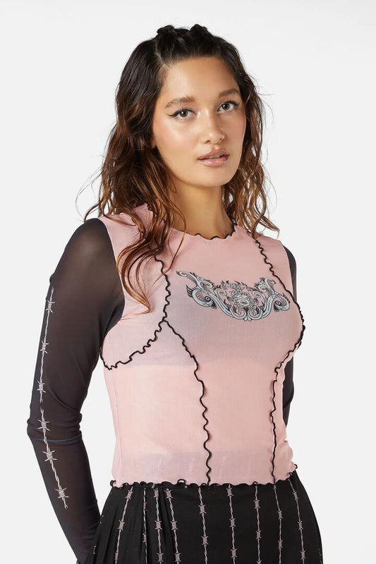 Image of a model wearing Tops. Productname: Manic Babylock Mesh Top in Black/Pink colour by brand - Dangerfield