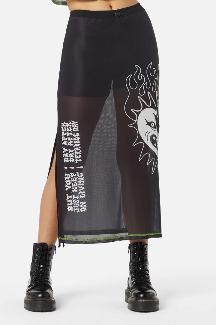 Image of a model wearing Pants. Productname: The End Mesh Drawstring Skirt in Black colour by brand - Dangerfield