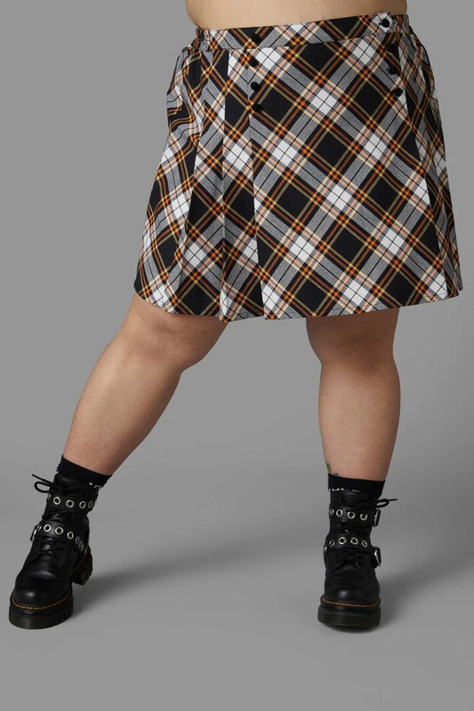 Image of a model wearing Skirts. Productname: Curve Pumpkin Tartan Skirt in Black/Orange colour by brand - Black Friday