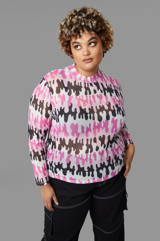 Image of a model wearing Tops. Productname: Curve Drip Drip Top in Pink colour by brand - Black Friday