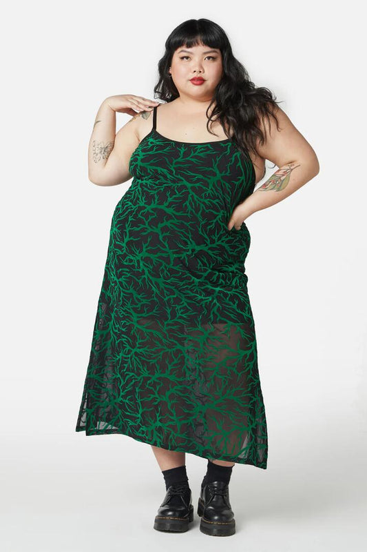 Image of a model wearing Dress. Productname: Curve Neglected Flocked Mesh Midi Dress in Black/Green colour by brand - Dangerfield