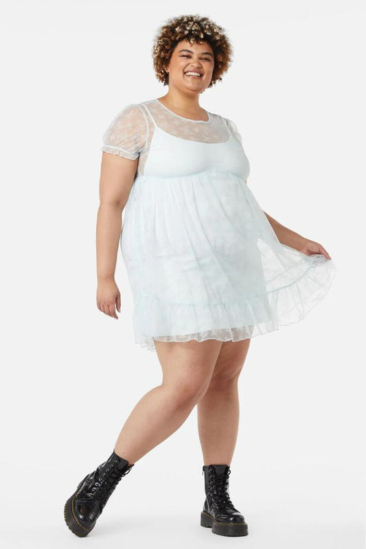 Image of a model wearing Dress. Productname: Curve Butterflies On The Wall Mesh Dress in Blue colour by brand - Dangerfield
