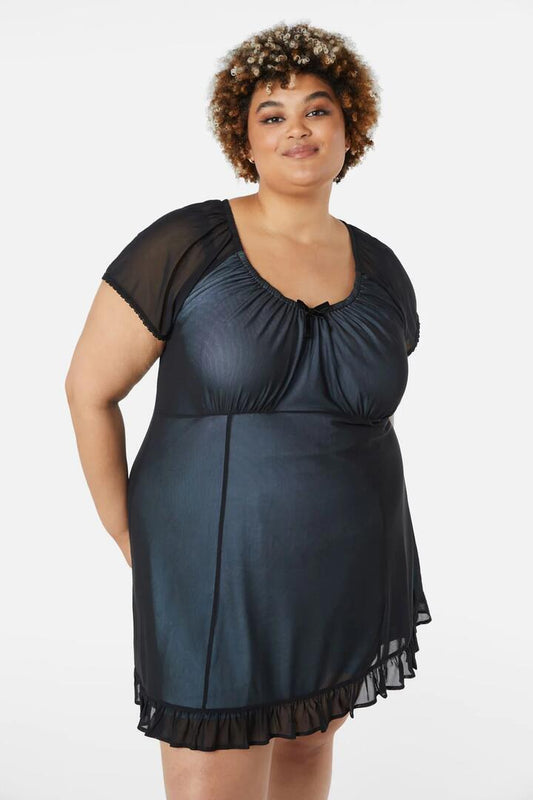 Image of a model wearing Dress. Productname: Curve Confess Mesh Mini Dress in Black/Blue colour by brand - Dangerfield
