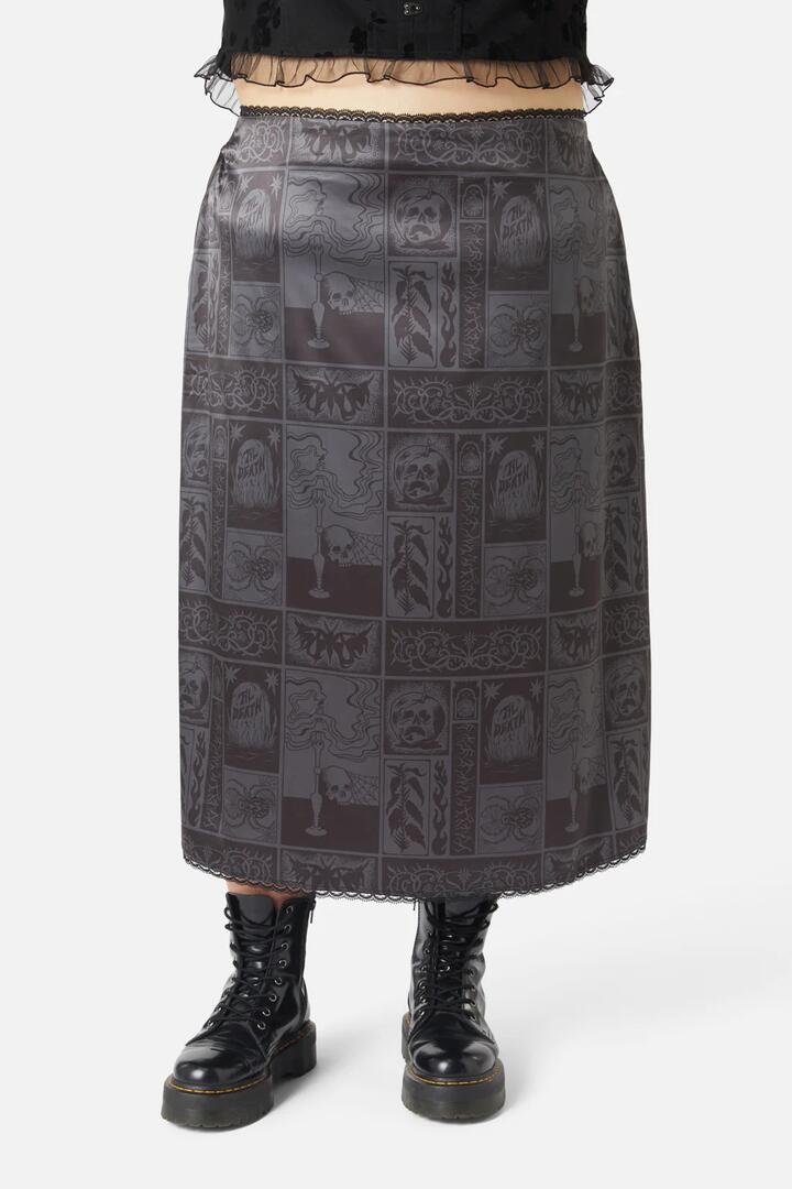 Image of a model wearing Skirts. Productname: Curve Ruined Mansion Satin Brocade Skirt in Black colour by brand - Dangerfield