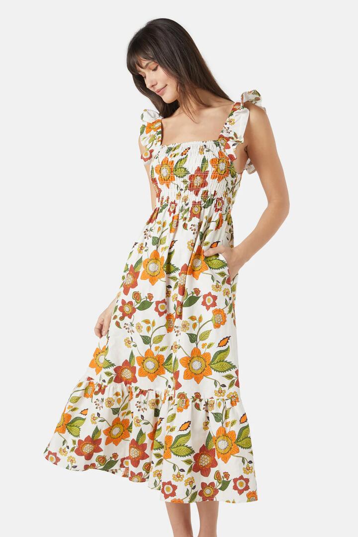 Image of a model wearing Dress. Productname: Carmen Maxi Dress in Cream colour by brand - Princess Highway