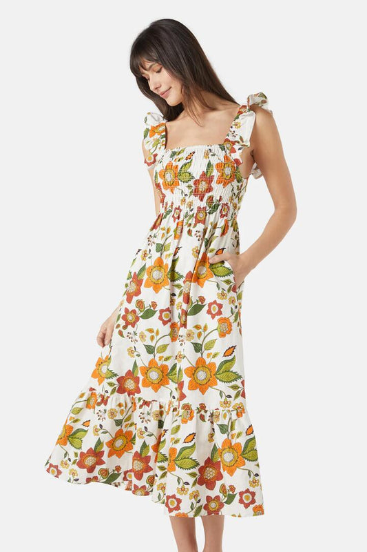Image of a model wearing Dress. Productname: Carmen Maxi Dress in Cream colour by brand - Princess Highway