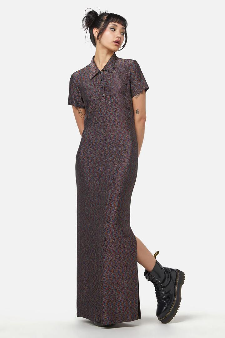 Image of a model wearing Dress. Productname: Glitter Mesh Midi Dress in Rainbow Black colour by brand - Dangerfield