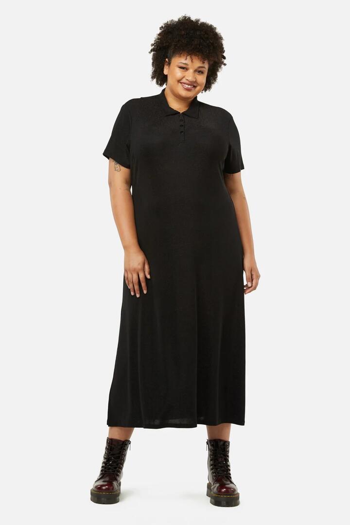 Image of a model wearing Dress. Productname: Curve Glitter Mesh Midi Dress in Black colour by brand - Dangerfield