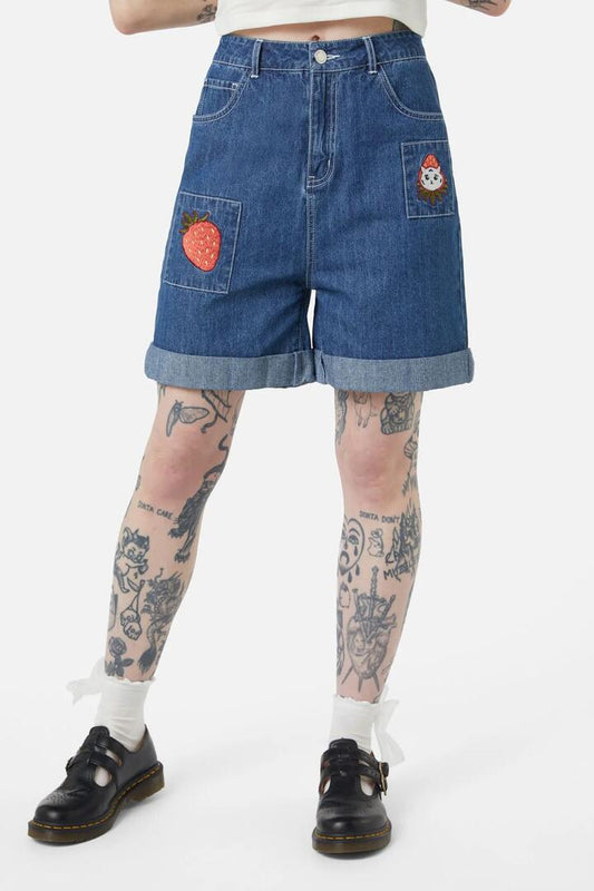 Image of a model wearing Denim. Productname: Berry Kitty Denim Shorts in Blue colour by brand - Dangerfield