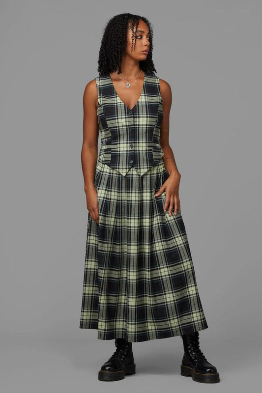 Image of a model wearing Tops. Productname: Haunted Bloom Tartan Vest in Black/Sage colour by brand - Black Friday