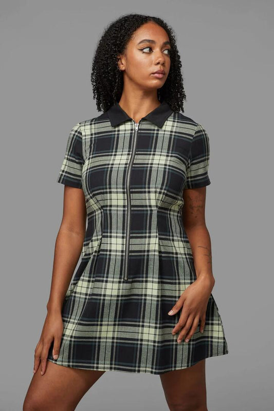Image of a model wearing Dress. Productname: Haunted Bloom Tartan Skater Dress in Black/Sage colour by brand - Black Friday
