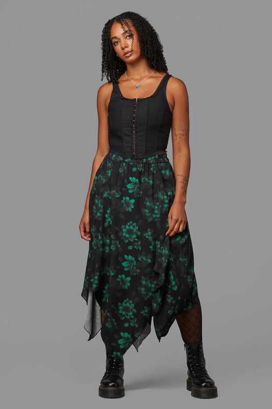 Image of a model wearing Skirts. Productname: Haunted Bloom Floral Skirt in Black/Green colour by brand - Black Friday