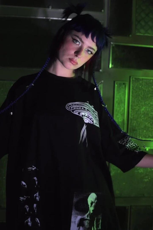 Image of a model wearing Tops. Productname: Camcorder Tee in Black colour by brand - Black Friday