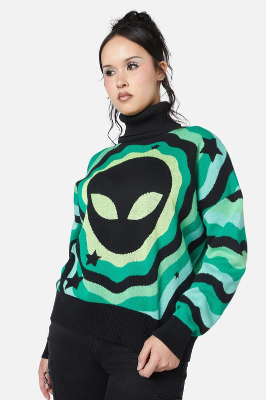Image of a model wearing Tops. Productname: Alien Knit in Black/Green colour by brand - Black Friday