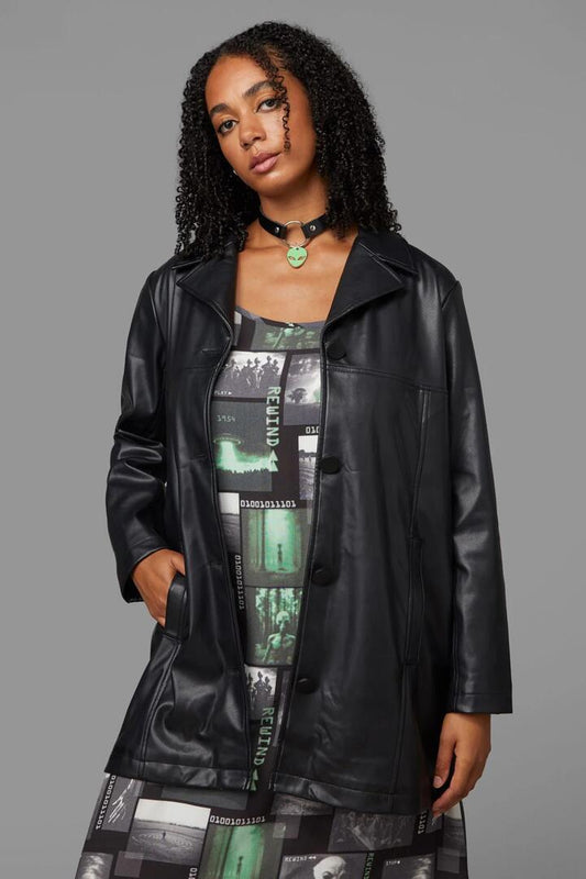 Image of a model wearing Outerwear. Productname: Winona Pu Jacket in Black colour by brand - Black Friday