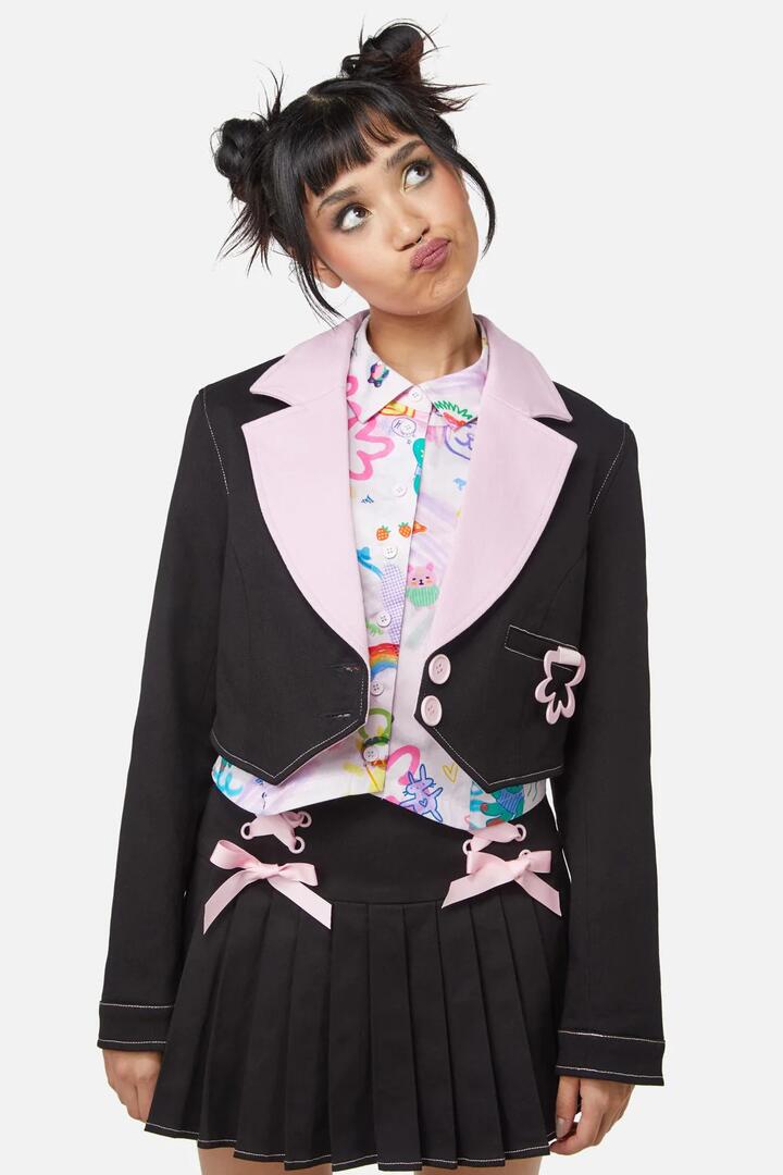 Image of a model wearing Outerwear. Productname: Hottest B Crop Blazer in Black/Pink colour by brand - Dangerfield