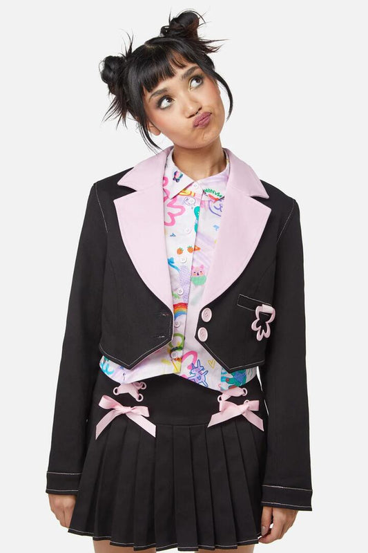Image of a model wearing Outerwear. Productname: Hottest B Crop Blazer in Black/Pink colour by brand - Dangerfield