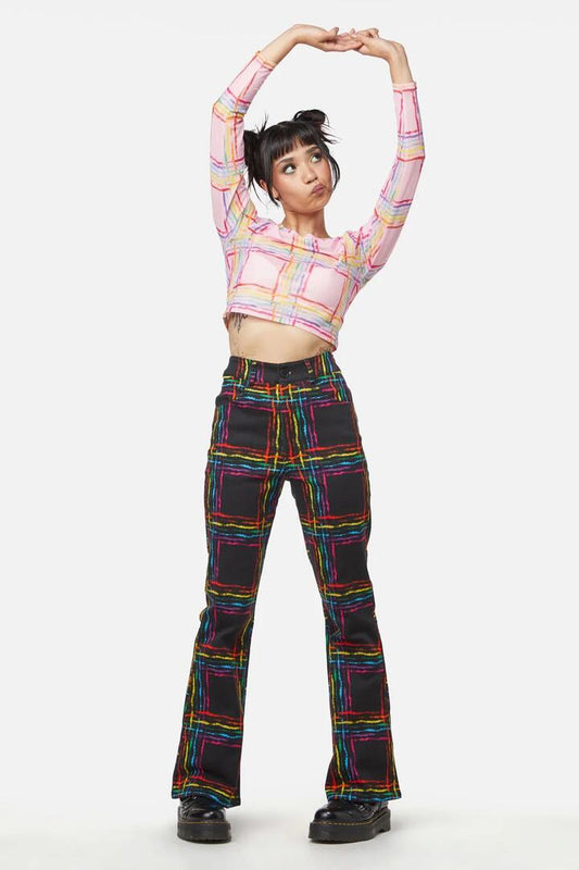 Image of a model wearing Pants. Productname: Hype Queen Flare Pant in Black colour by brand - Dangerfield