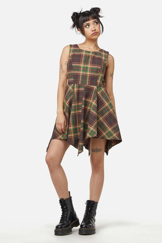 Image of a model wearing Dress. Productname: Triassic Tartan Handkerchief Pinny in Brown colour by brand - Dangerfield