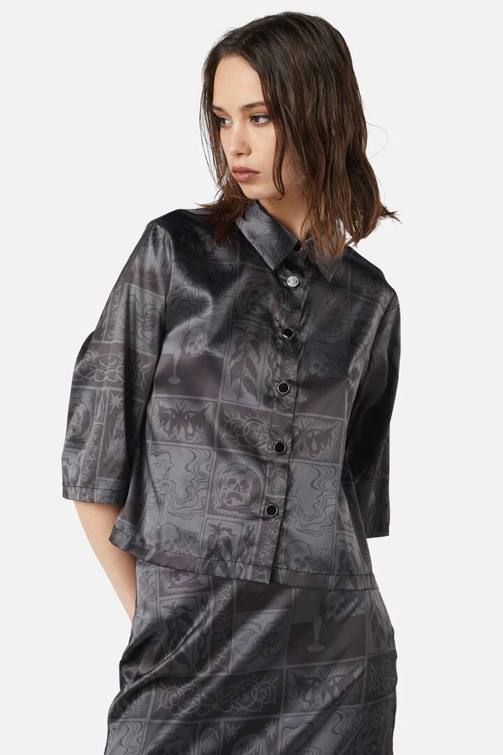 Image of a model wearing Tops. Productname: Ruined Mansion Satin Brocade Blouse in Black/Grey colour by brand - Dangerfield