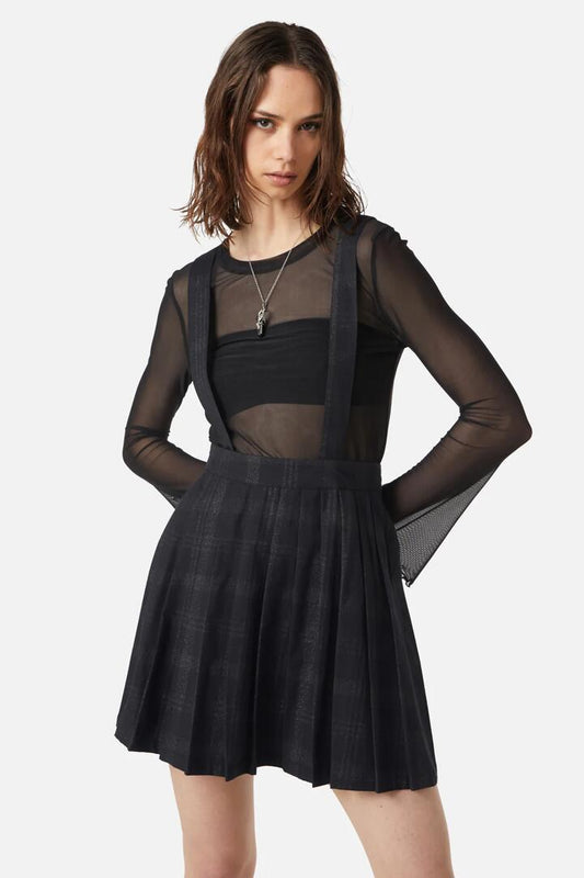 Image of a model wearing Skirts. Productname: High Society Pleated Tartan Skirt in Black colour by brand - Dangerfield