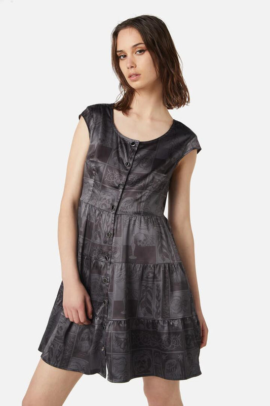 Image of a model wearing Dress. Productname: Ruined Mansion Satin Brocade Dress in Black/Grey colour by brand - Dangerfield