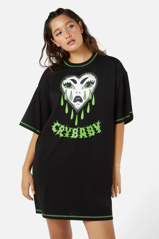 Image of a model wearing Dress. Productname: Cry Baby Tshirt Dress in Black colour by brand - Dangerfield