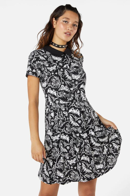 Image of a model wearing Dress. Productname: To The Butterflies Mini Dress in Black colour by brand - Dangerfield