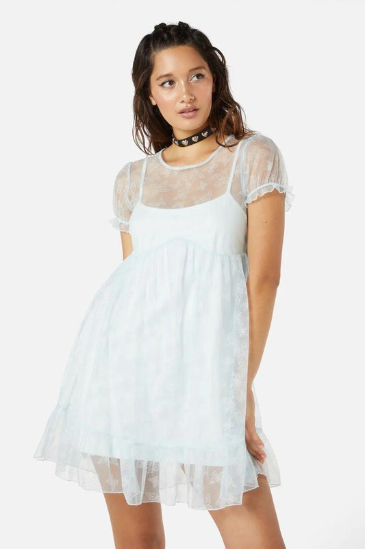 Image of a model wearing Dress. Productname: Butterflies On The Wall Mesh Dress in Blue colour by brand - Dangerfield