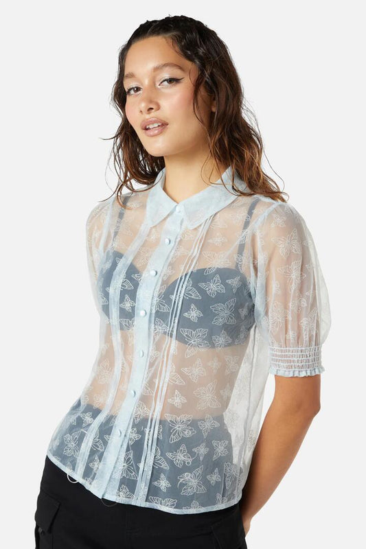 Image of a model wearing Tops. Productname: Butterflies On The Wall Mesh Blouse in Blue colour by brand - Dangerfield