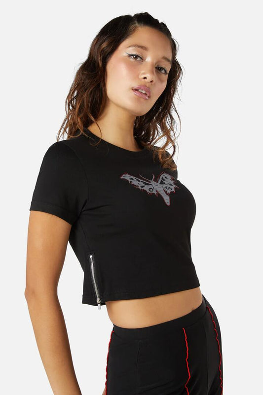 Image of a model wearing Tops. Productname: Diamante Butterfly Zipper Tee in Black colour by brand - Dangerfield