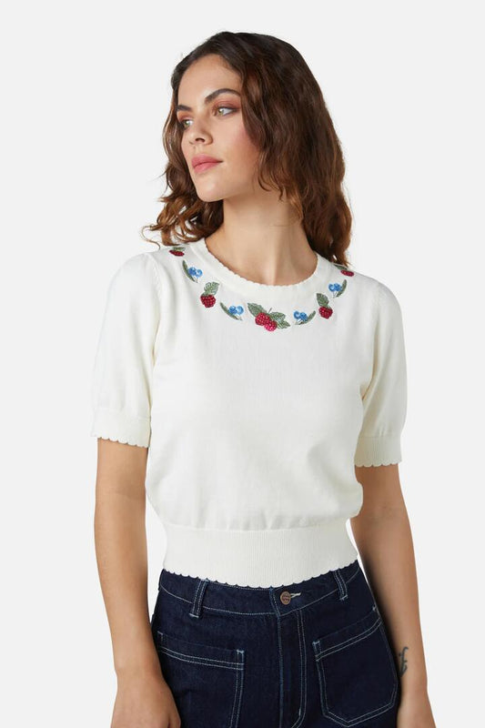 Image of a model wearing Tops. Productname: Berry Sweet Emb Knit Top in Cream colour by brand - Princess Highway