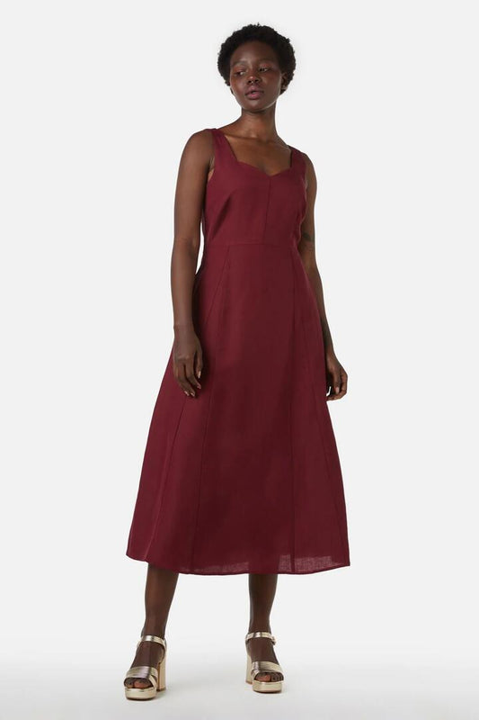 Image of a model wearing Dress. Productname: Ember Dress in Berry colour by brand - Princess Highway