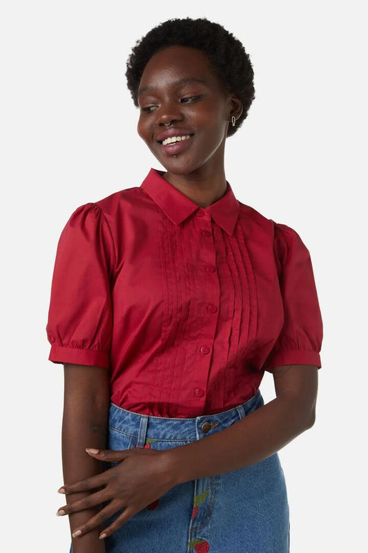 Image of a model wearing Tops. Productname: Martha Pin Tuck Blouse in Black colour by brand - Princess Highway
