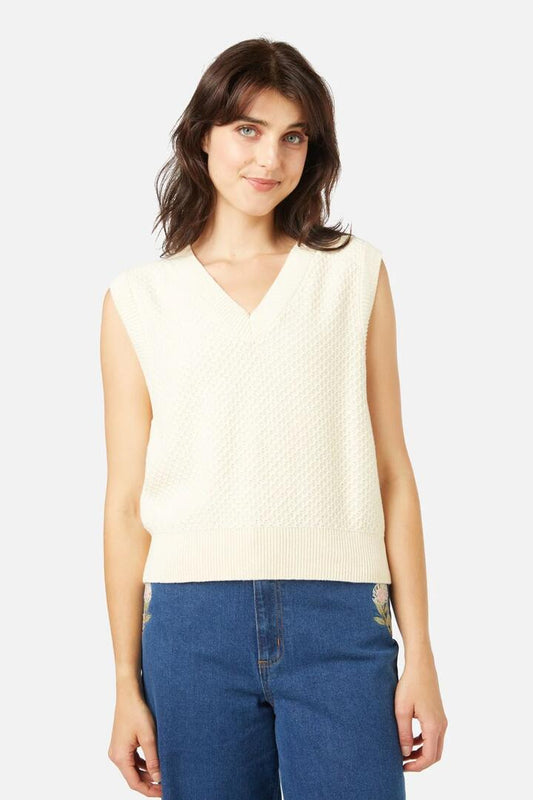 Image of a model wearing Tops. Productname: Avery Knit Vest in Cream colour by brand - Princess Highway