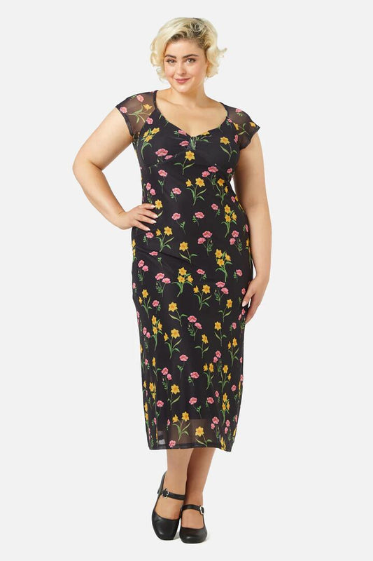 Image of a model wearing Dress. Productname: Jacinta Mesh Dress in Black colour by brand - Princess Highway