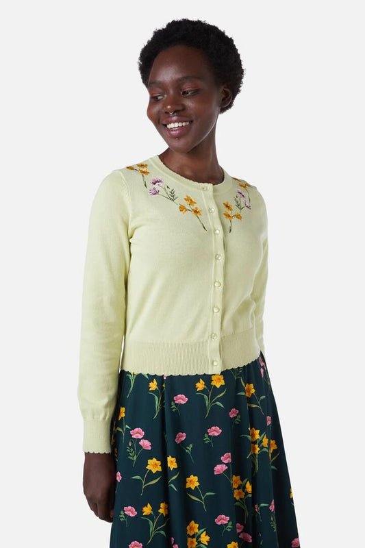Image of a model wearing Outerwear. Productname: Poppy & Daffodil Cardi in Soft Green colour by brand - Princess Highway
